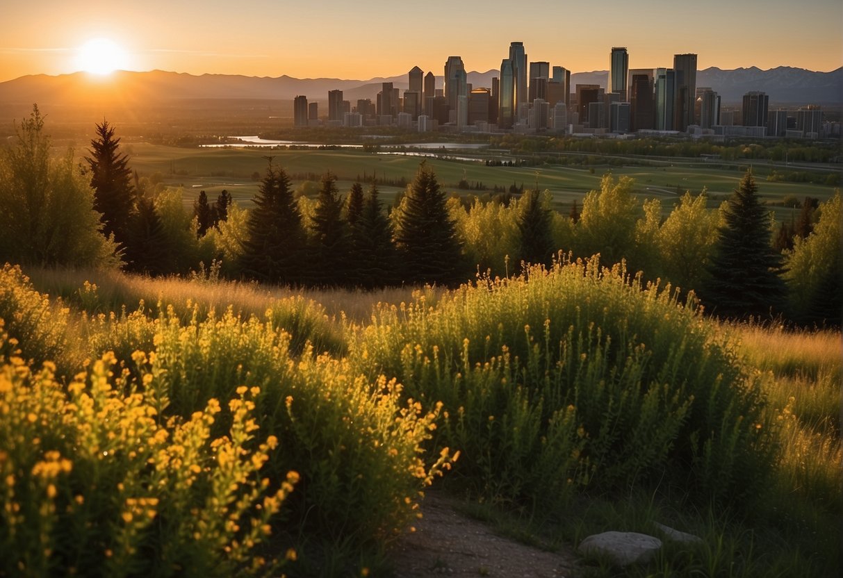 The sun sets behind the majestic rocky mountains, casting a warm glow over the lush greenery of calgary's iconic nose hill park. The city skyline stands tall in the distance, a testament to the harmonious coexistence of nature and urbanity