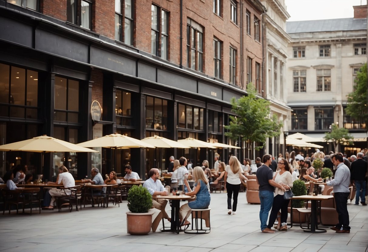 People browsing shops and dining at outdoor patios in a bustling city square with a mix of modern and historic architecture