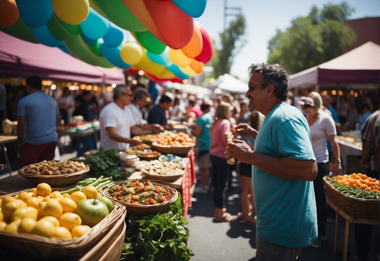 Colorful street festival with diverse food vendors, live music, and traditional dance performances. People of all ages explore art exhibits and interactive cultural displays