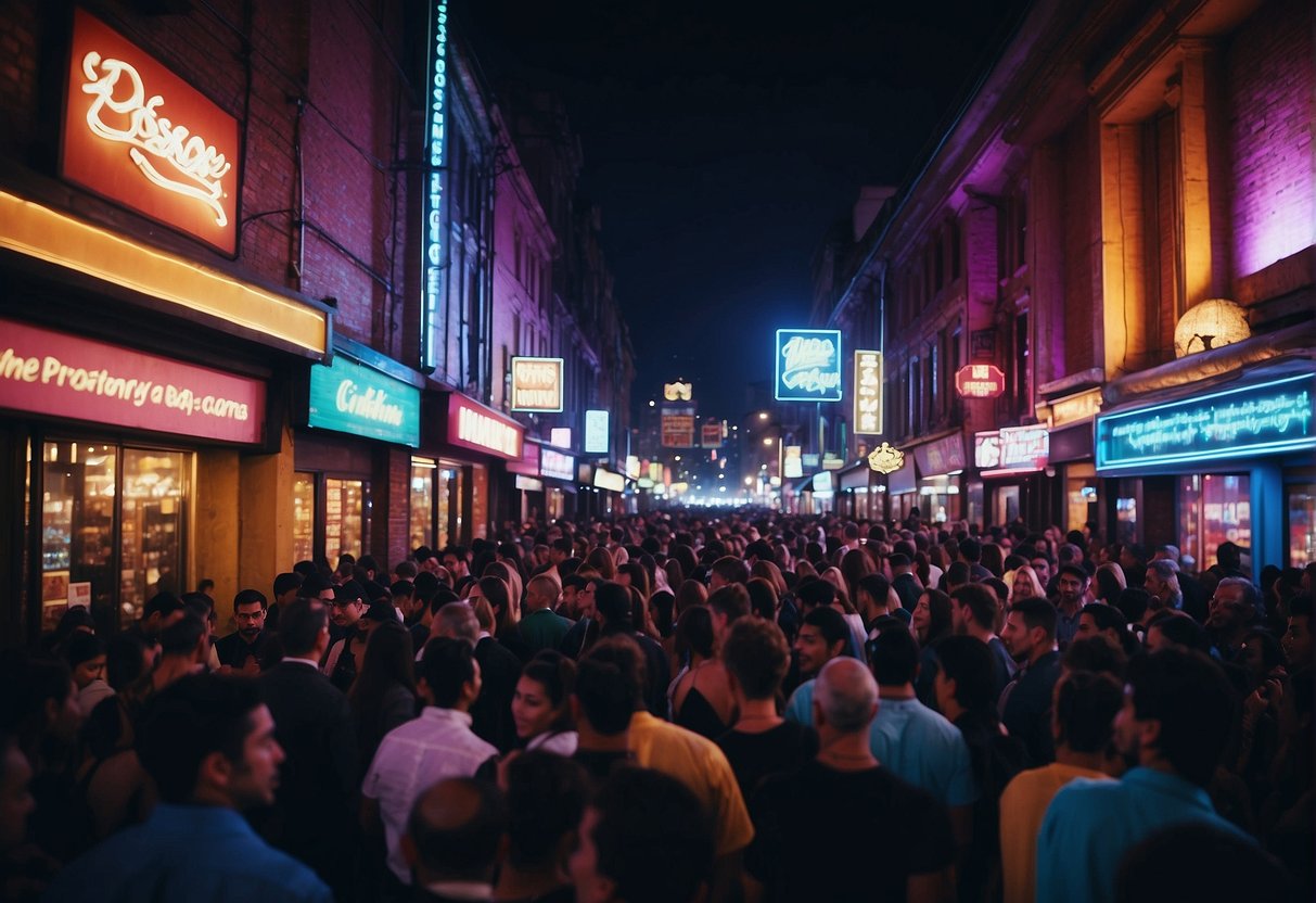 Crowds fill the lively bars and clubs, music fills the air. Neon lights illuminate the bustling streets, people laughing and dancing. A vibrant atmosphere pulsates through the city's top nightlife spots