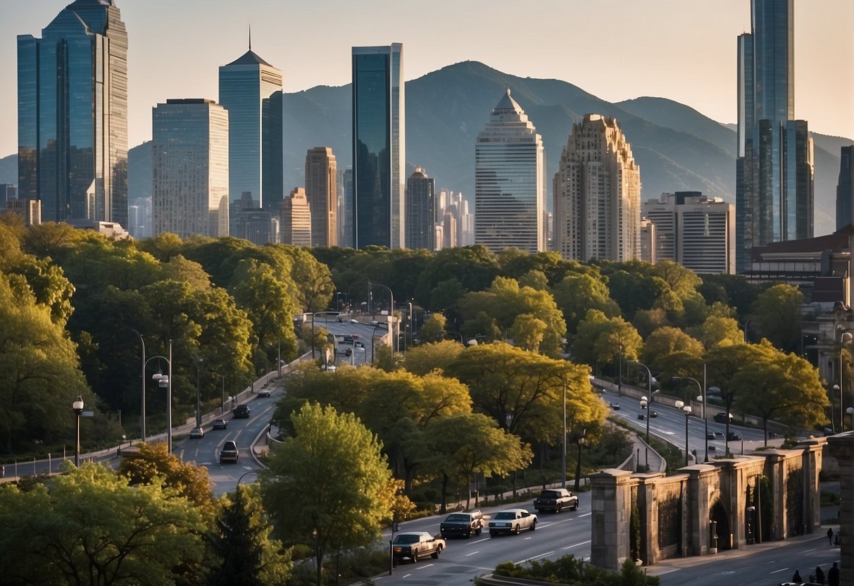 A bustling city street with a mix of modern skyscrapers and historic buildings, surrounded by beautiful parks and mountains in the distance